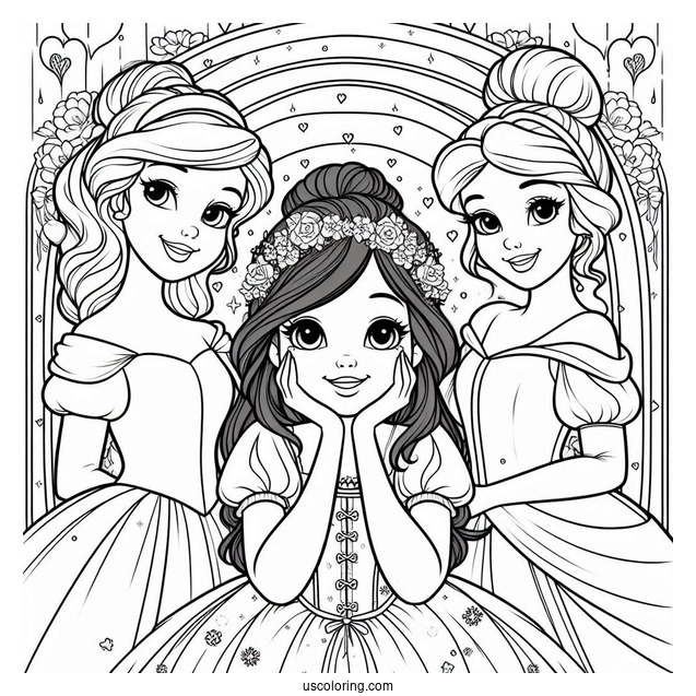 Beautiful Snow White, Cinderella, And Belle In Front Of A Rainbow Coloring Sheet