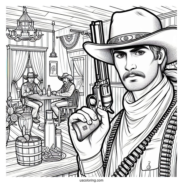 Realistic Cowboy Coloring Page With Gun In Saloon