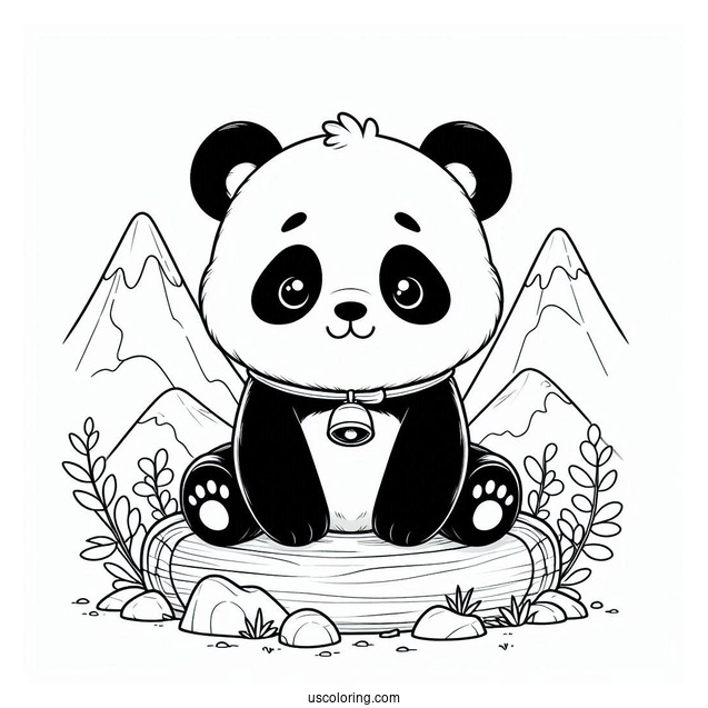 Adorable Panda Coloring Page With Bell Collar Sitting on a Rock For Kids