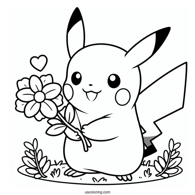 Easy PIkachu Holding A Flower In Spring Coloring Sheet For Kids