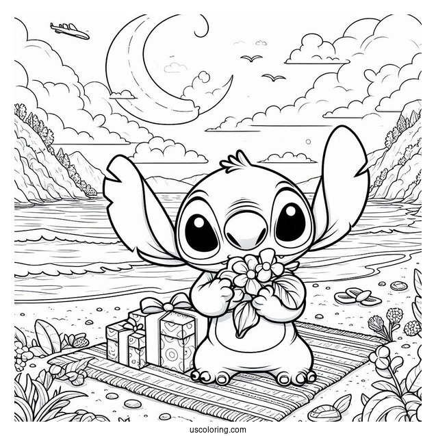 Stitch Holding Up A Father's Day Coloring Page Of Greeting At The Beach For Kids