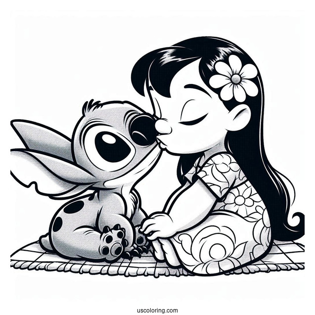 Lilo Kissing Stitch On The Check Coloring Page