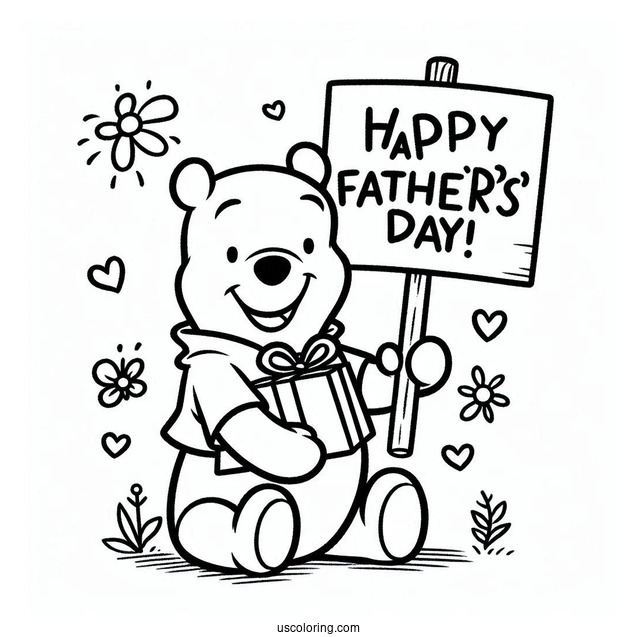 Smiling Winnie The Pooh With A Happy Father's Day Sign Coloring Page For Kids