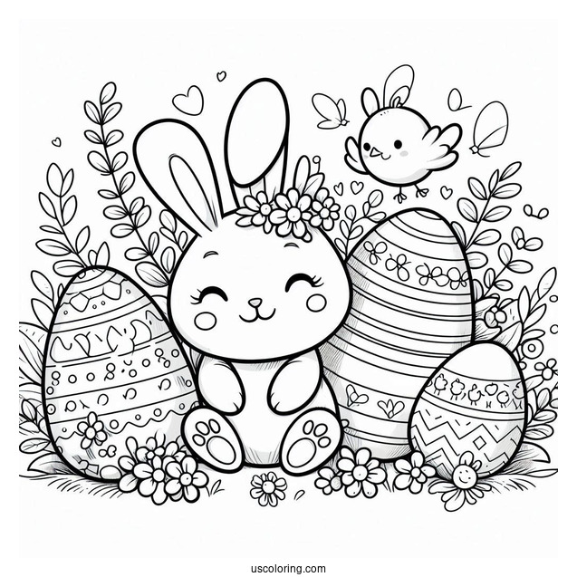 Smiling Easter Egg Coloring Page Bunny with Chicks and Flowers
