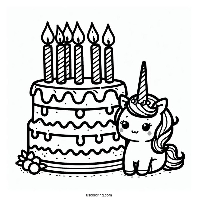 Kawaii Unicorn Cake With Candles Coloring In