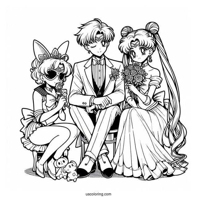 Sailor Moon, Tuxedo Mask, and Chibusa Coloring In