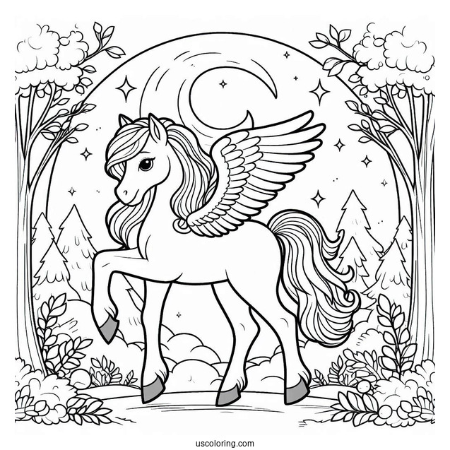 Young Pegasus Coloring Page In The Forest
