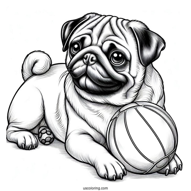 Realistic Looking Pug With Ball To Color