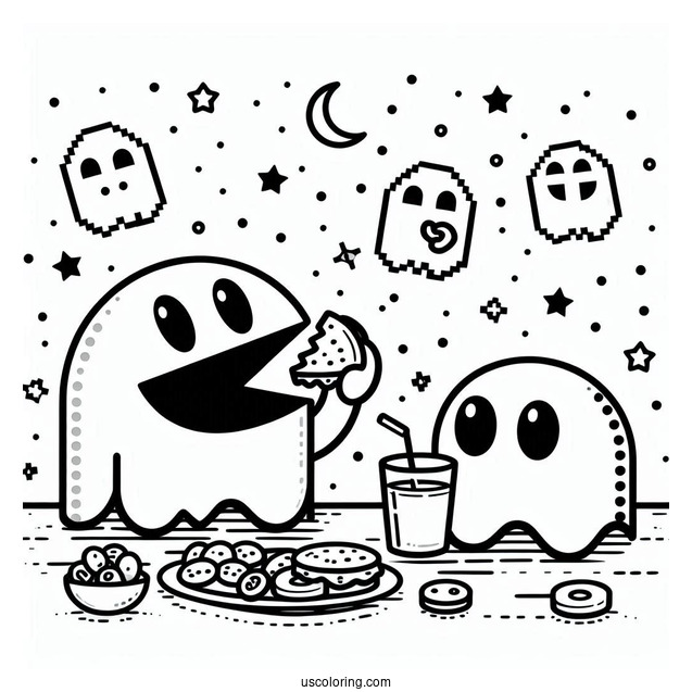 Simple Ghosts And Pac-Man Coloring Page Eating Dots