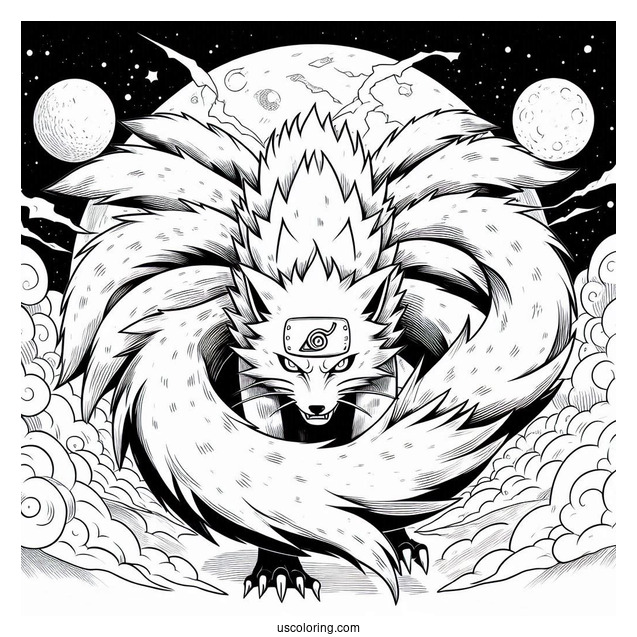 Naruto Coloring Page Of Fierce Nine Tails Under Full Moon