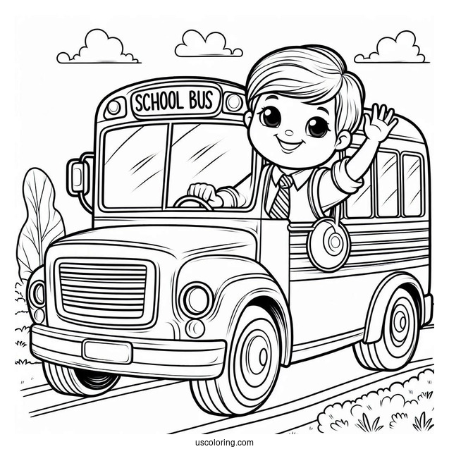 Friendly School Bus Coloring Page Driver Waving