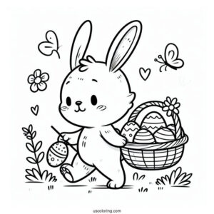 Easter Bunny Coloring Page Cartoon Carrying Basket Of Eggs