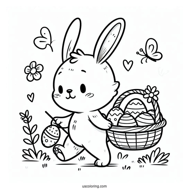 Easter Bunny Coloring Page Cartoon Carrying Basket Of Eggs