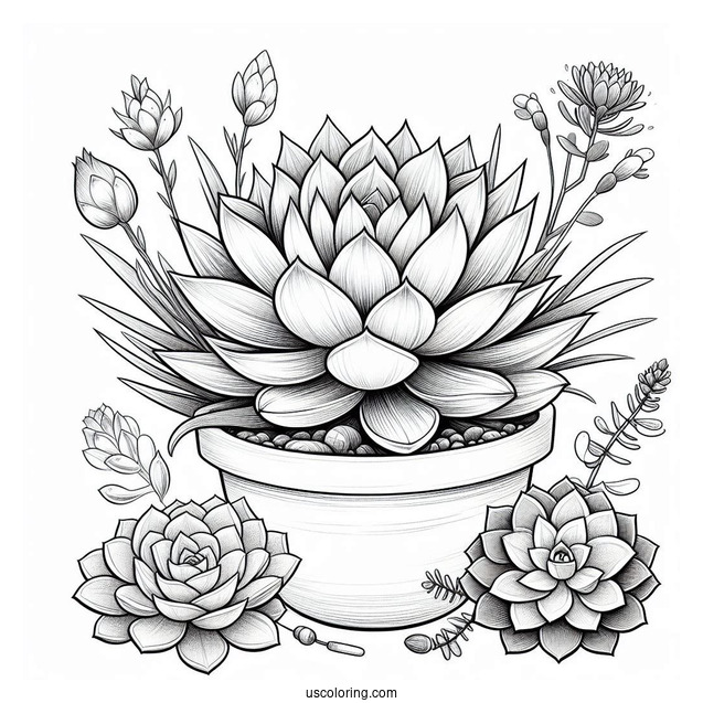 Realistic Succulent Coloring Page In A Flower Pot