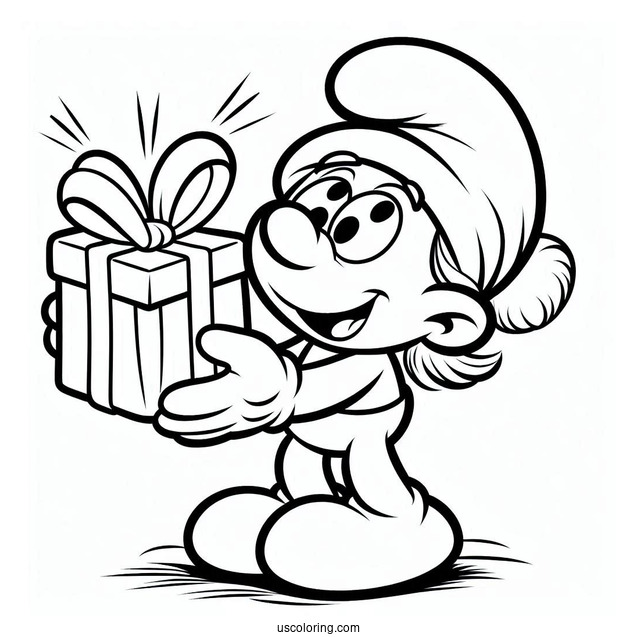 Coloring Page Of Jokey Smurf With Christmas Present