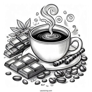 Steaming Coffee Coloring Pages Of Art With Pieces Of Chocolate