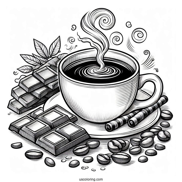 Steaming Coffee Coloring Pages Of Art With Pieces Of Chocolate