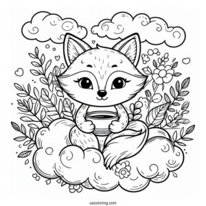 Detailed Fox Coloring Page Holding Cup In Clouds
