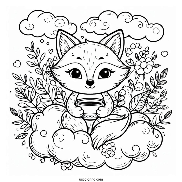 Detailed Fox Coloring Page Holding Cup In Clouds
