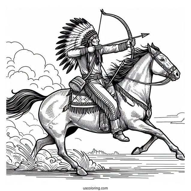 Native American Coloring Page Chief Shooting Arrow While Riding Horse