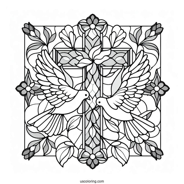 Two Doves Flying To The Cross Stained Glass Coloring Page