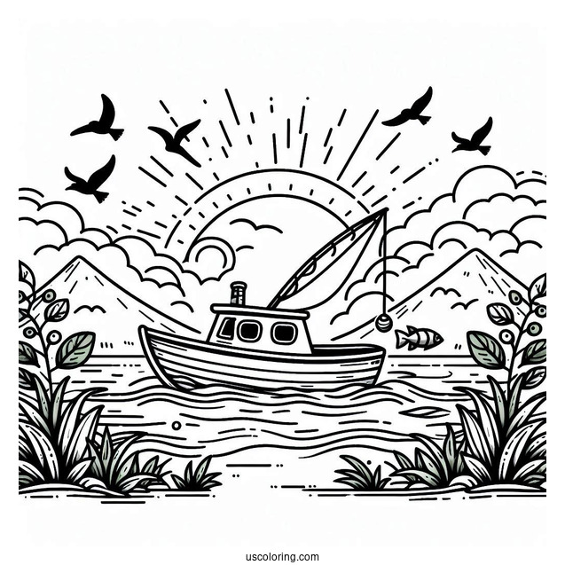 Large Fishing Coloring Page Boat In The Middle Of The Sea