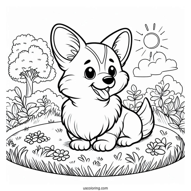 Happy Corgi Coloring Page Sitting On Grass