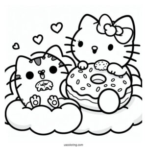 Hello Kitty And Pusheen Eating Donut On Clouds