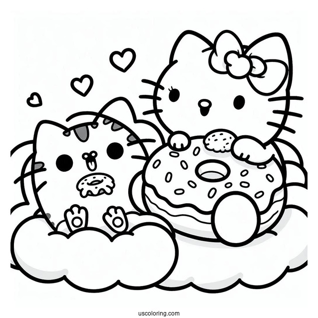 Hello Kitty And Pusheen Eating Donut On Clouds