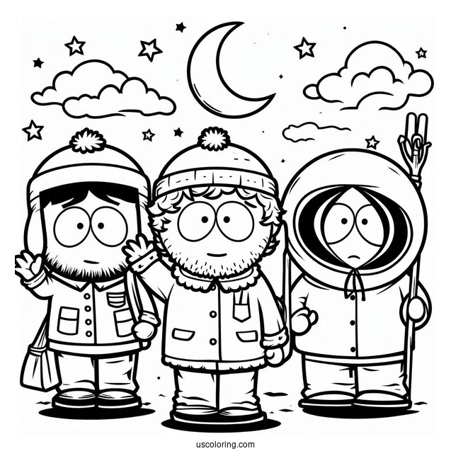 Eric, Kyle, Stan, And Kenny Waving South Park Coloring Page