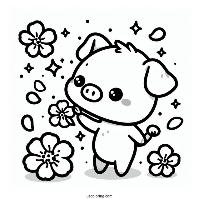 Kawaii Piglet Coloring Page Picking Petals For Preschoolers