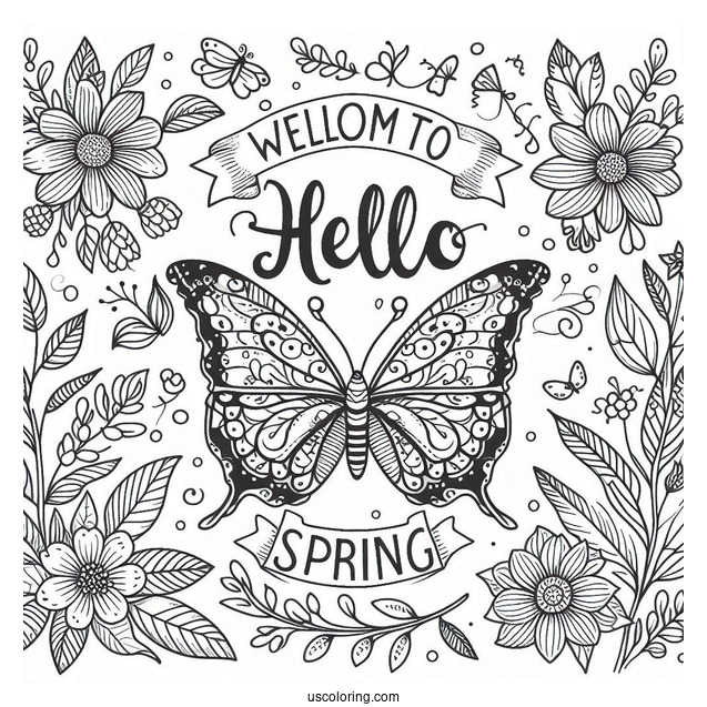 Festive Hello Spring Words With Butterfly In The Garden