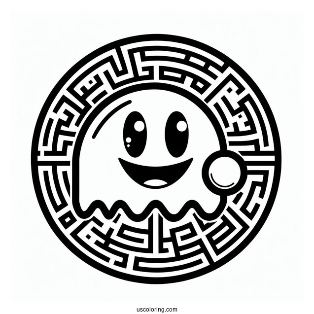 Smirking Pac-Man Coloring Page With Maze In Background