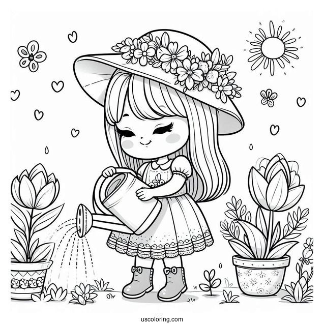 Cute Girl Watering Spring Coloring Page Flowers For Preschoolers