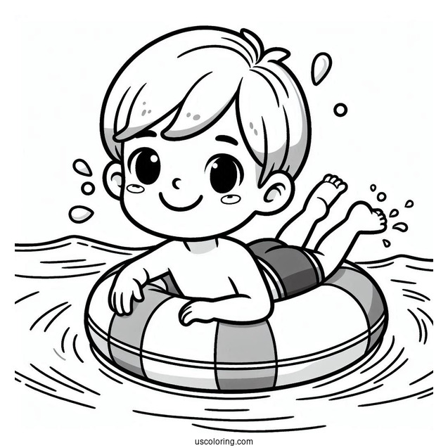 Swimming Coloring Page Of Happy Little Boy Wearing Pool Float For Kids