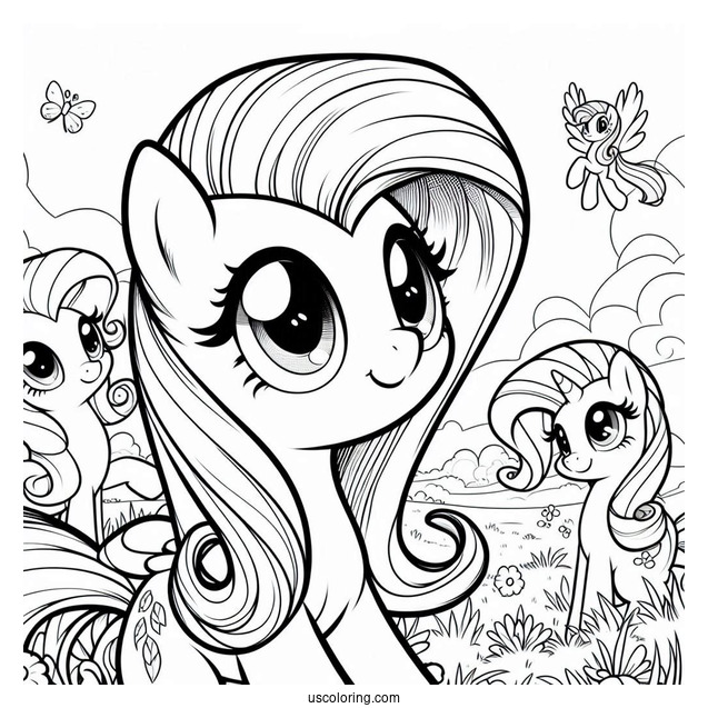 Smiling Fluttershy, Rarity, and Twilight Sparkle in Field