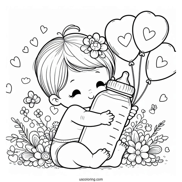 Baby Coloring Page Hugging Milk Bottle With Heart Balloons