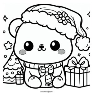 Kawaii Christmas Polar Bear Coloring In