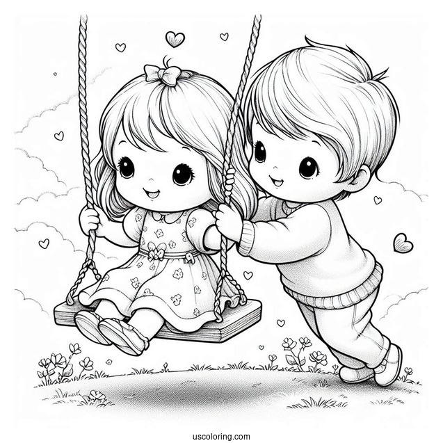 Simple Precious Moments Coloring Page Of Boy Pushing Girl On A Swing