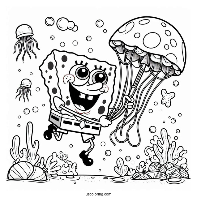 SpongeBob Catching Jellyfish With Net To Color