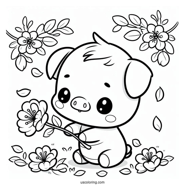Kawaii Piglet Coloring Page Picking Petals For Preschoolers