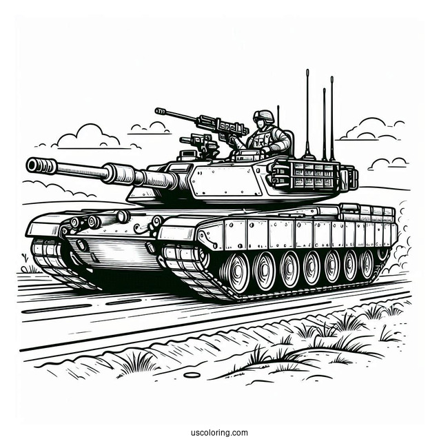 Military Tank on the Road With Gunner On Top