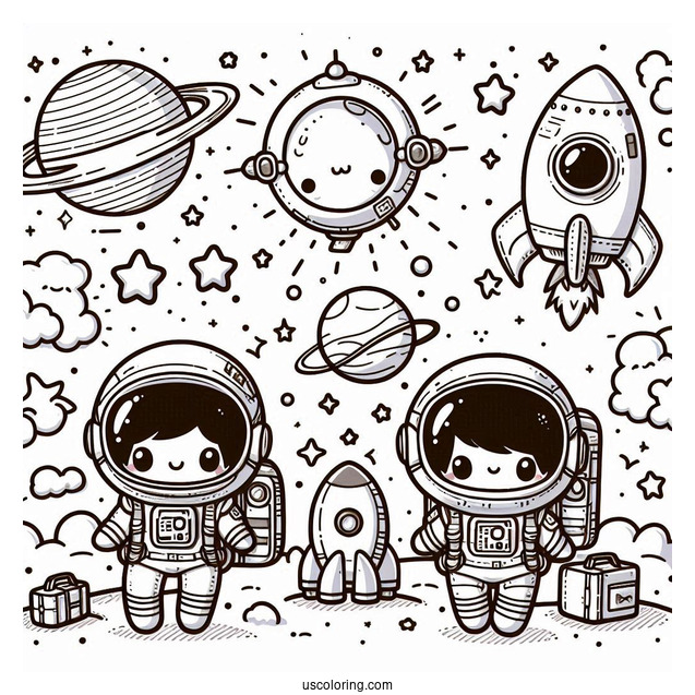 Outer Space Journey with a Chibi Coloring Page Astronaut and Rocket Ships
