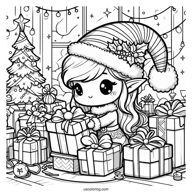 Festive Chibi Coloring Page Elf Wrapping Presents in a Christmas Workshop