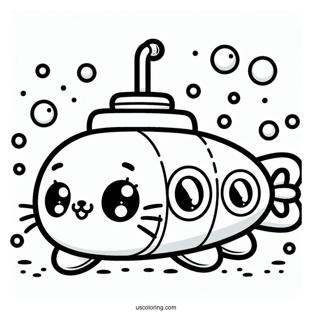 Kawaii Submarine Coloring Page For Preschoolers