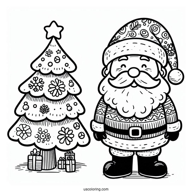 Santa Themed Christmas Tree Coloring Sheet