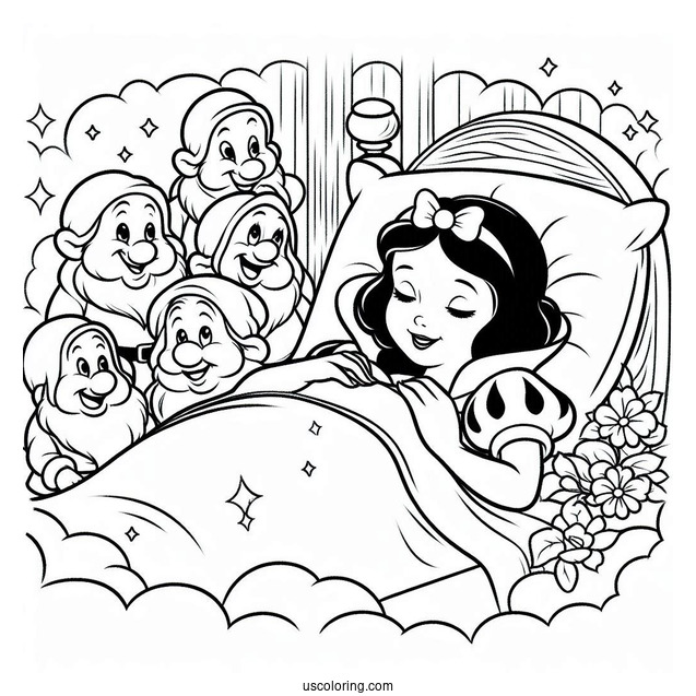 Snow White In Bed Being Woken Up By The Seven Dwarfs