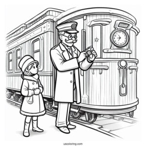Polar Express Coloring Page Of Simple Conductor Checking The Time For Preschoolers