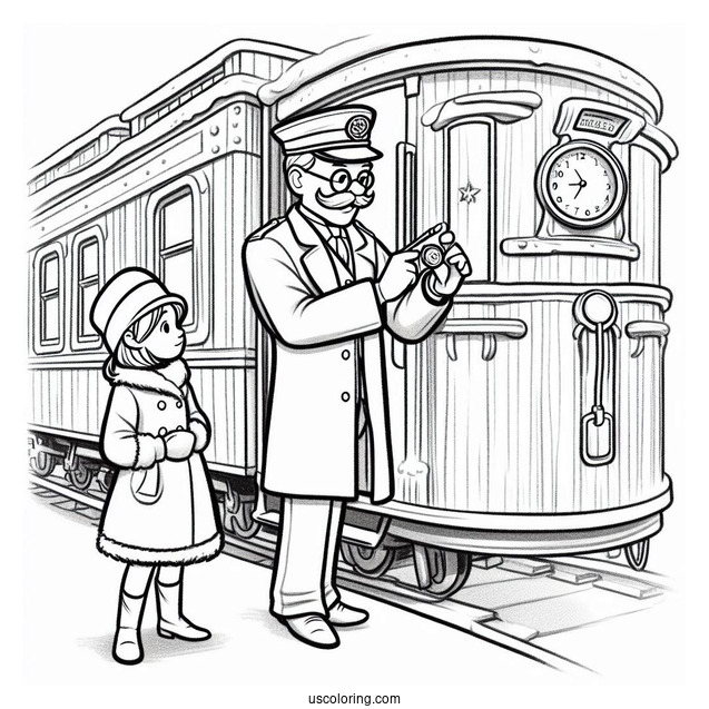 Polar Express Coloring Page Of Simple Conductor Checking The Time For Preschoolers