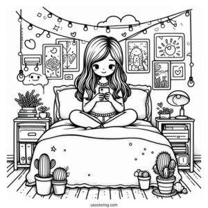 Bedroom Coloring Page Girl Texting On Her Bed Surrounded By Posters And Cactus